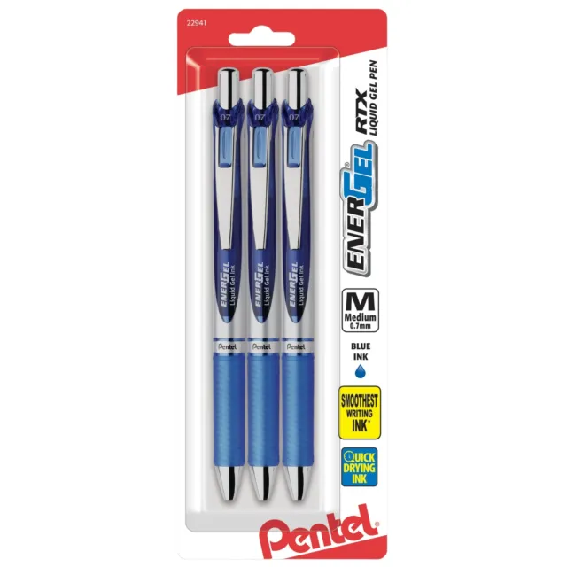 Pentel EnerGel Deluxe RTX Gel Ink Pens, 0.7 Millimeter Metal Tip, Blue Ink, 3-Pa