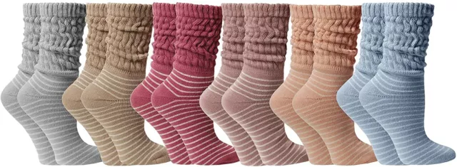 Yacht & Smith Womens Cotton Slouch Socks, Knee High (6 Pairs Striped Neutral)