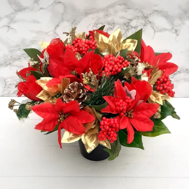 Artificial Silk Flowers Red And Gold Weighted Christmas Grave Pot Arrangement