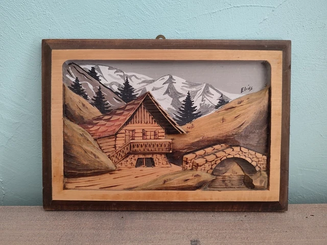 ANCIEN TABLEAU EN bois sculpté d'un chalet de montagne signé Raugel EUR 25,00 - FR