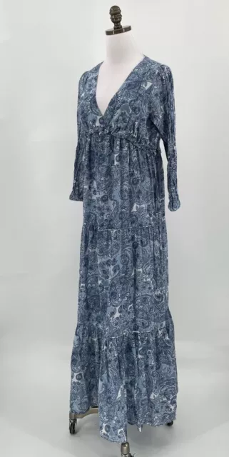 Rachel Zoe Womens Blue Paisley Cotton Layered Long Sleeve Maxi Dress Sz XS 2