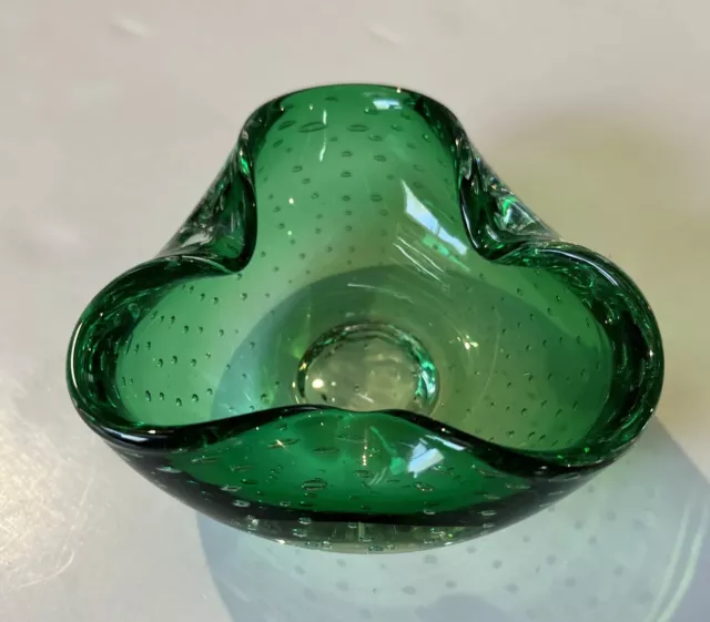 VTG Green Hand Blown Art Glass Bowl Dish Ashtray Controlled Bubbles Ruffled Edge