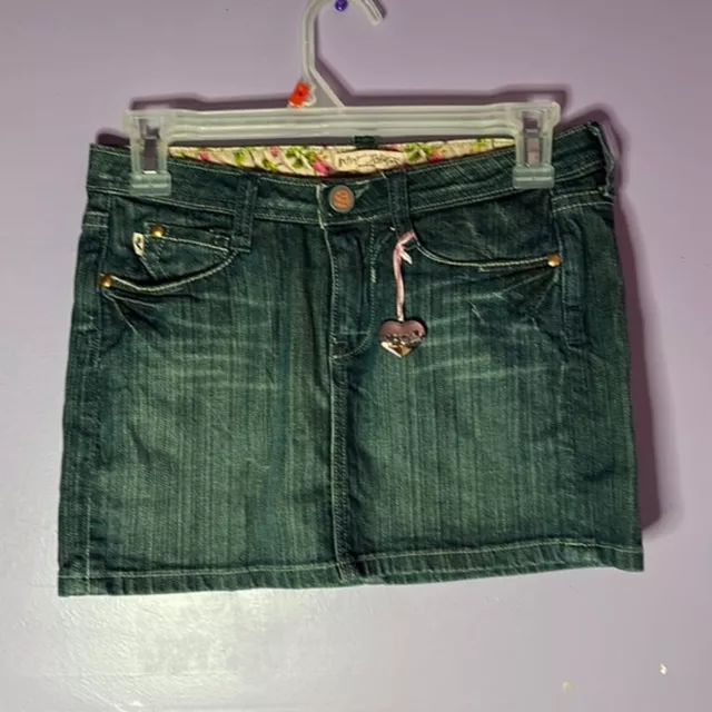 Betsey Johnson Denim Mini Skirt Pink Floral Size 25 W