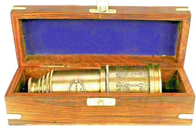 Antique Marine Telescope Nautical Solid Brass Pirate Spyglass 20"With Wooden Box