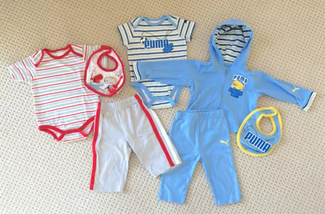 2 baby boy outfits-7 pieces, Puma blue yellow, dinosaur red gray, bibs 3-6 month