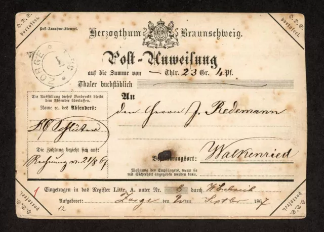 Altdeutschland Braunschweig, 1867, Brief