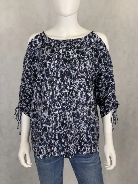 MICHAEL KORS Womens Medium Navy Blue White Cold Shoulder 3/4 Sleeve￼ BLOUSE