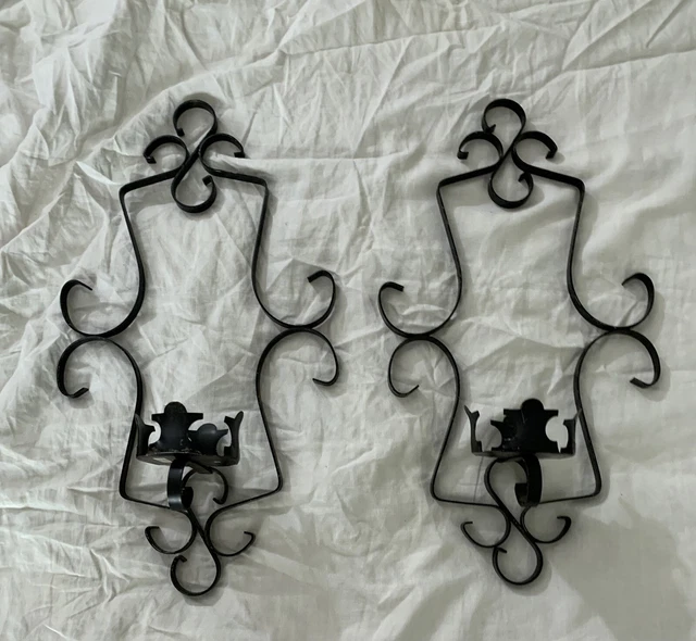 Vintage PAIR Wrought Iron Wall Sconce Candle Holder Hand Forged Weathered Patina