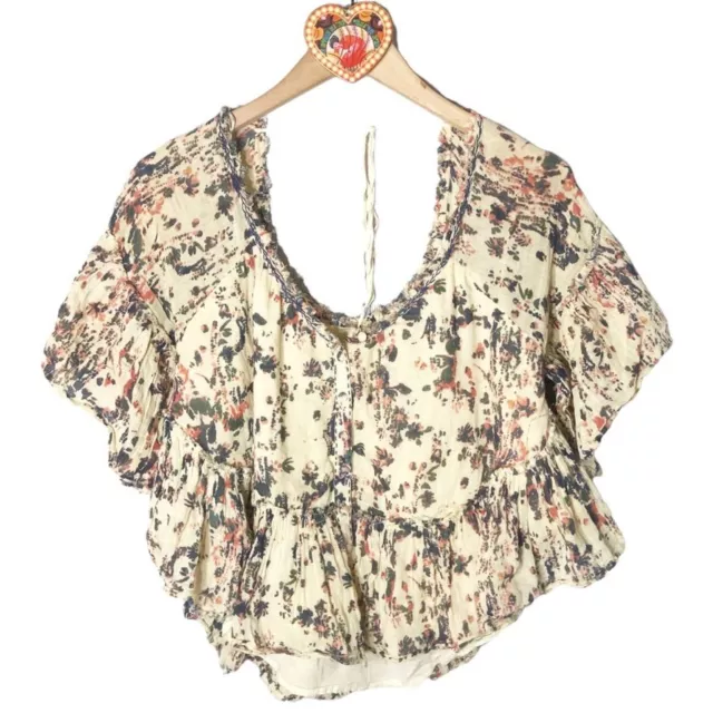 Free People floral print button front gauzy ruffled rounded hem boho top S