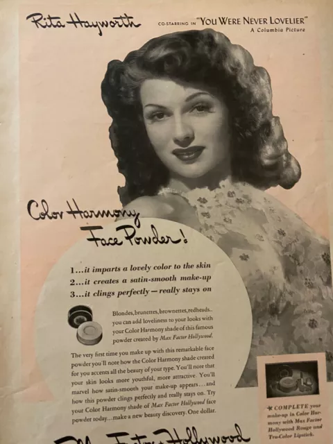 Rita Hayworth, Max Factor Cosmetics, Make Up, Full Page Vintage Print Ad