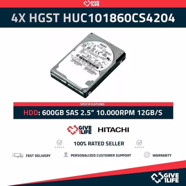 Hitachi 4X Huc101860Cs4204 600Gb Hdd 2.5" Sas-3 12Gb/S 10K 128Mb - Serveur