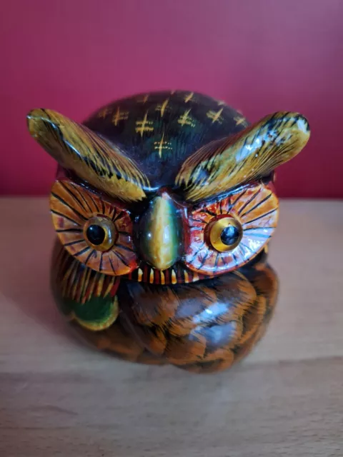 Clay Pottery Hand Painted Two Piece Trinket Owl Box, 9cm H.