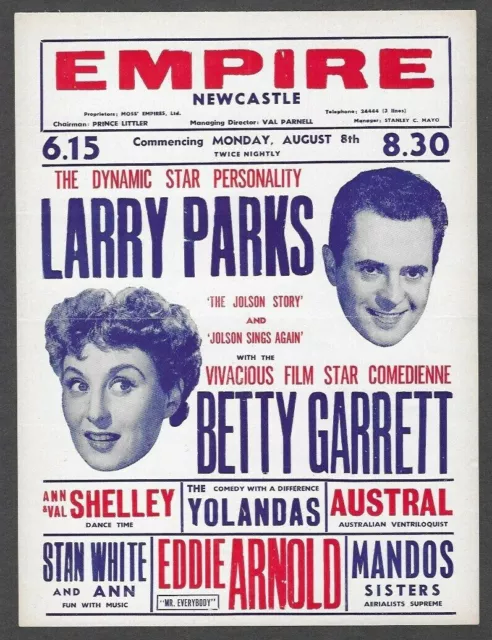 Empire Newcastle 1955 Larry Parks Betty Garrett Yolandas Mandos Eddie Arnold