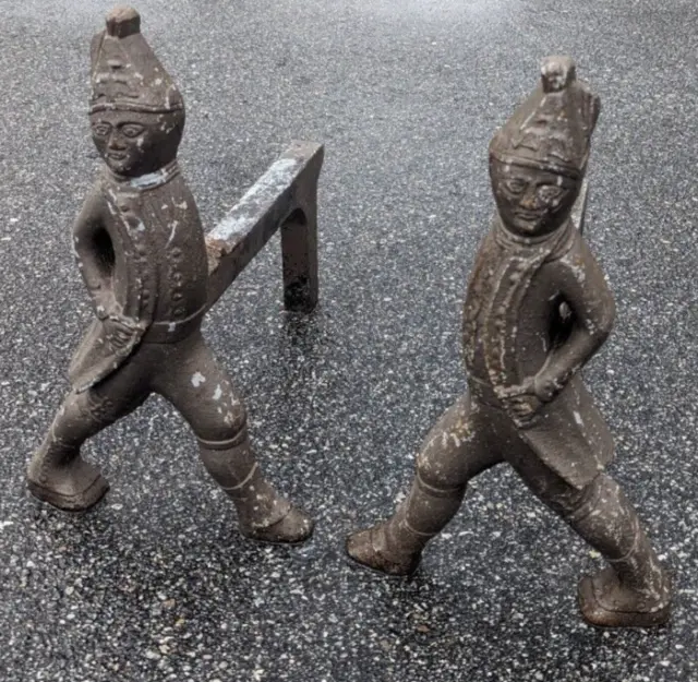 Vintage Cast Iron Hessian Soldier Fireplace Andirons Figural Set Heavy 17" H