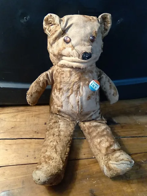 OOAK Antique Mohair Brown Teddy Bear With "I LIKE IKE" Pin
