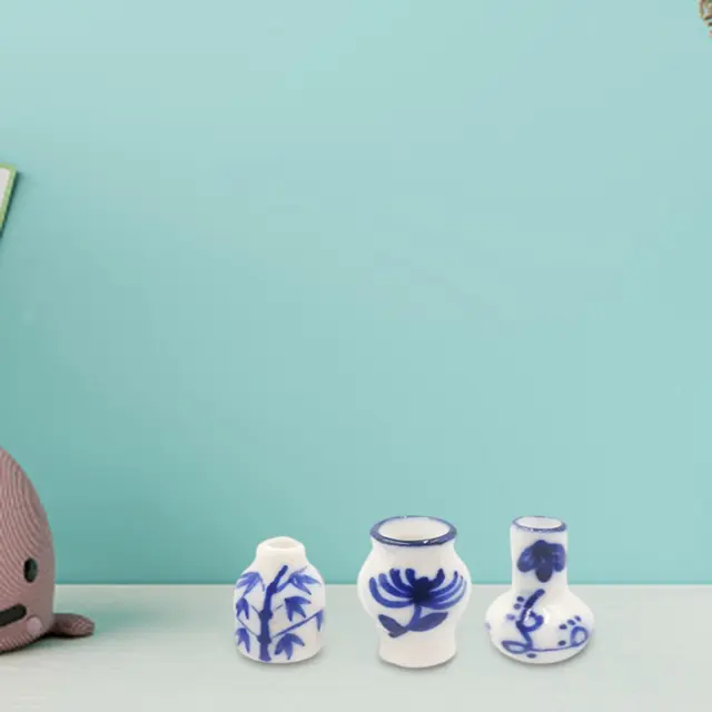3 Pcs 1/12 Dollhouse Blue And White Porcelain Vases Miniature Set For Pots
