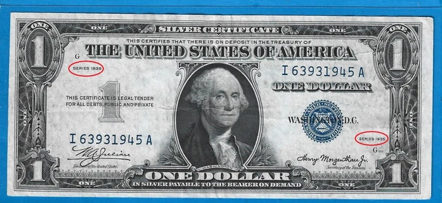 1935 $1 Silver Certificate Rare Double Date Note,Blue Seal,Circ VF,Nice!
