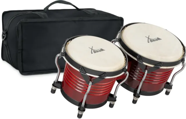 Bongos Pro Legno Pelli Naturalli Bonghetti Tamburo Intonabili Rosso Set Borsa