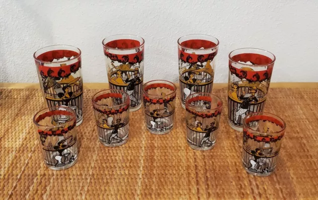 Vtg MCM 1950s Hazel Atlas Glasses Gay 90's Collins Tumblers Double Shot Set of 9