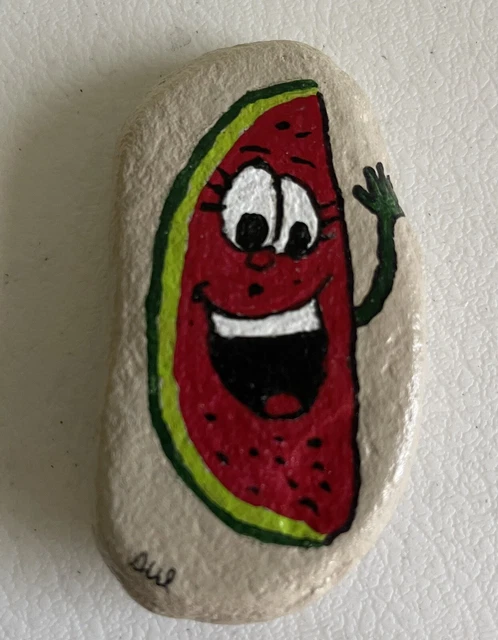 Hand Painted River Rock Smiling Waving Watermelon Artist Signed Desk Decor