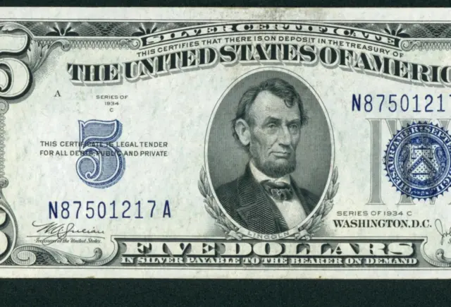 $5 1934 C (( CHOICE CU )) Silver Certificate ** PAPER CURRENCY COMBINED SHIPPING