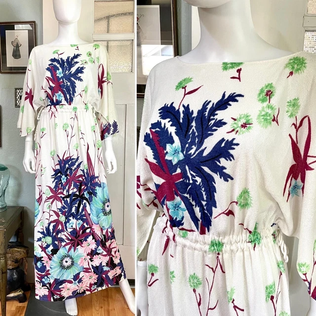 True Vintage 70s One Size FW White floral terrycloth Swimsuit Coverup maxi dress
