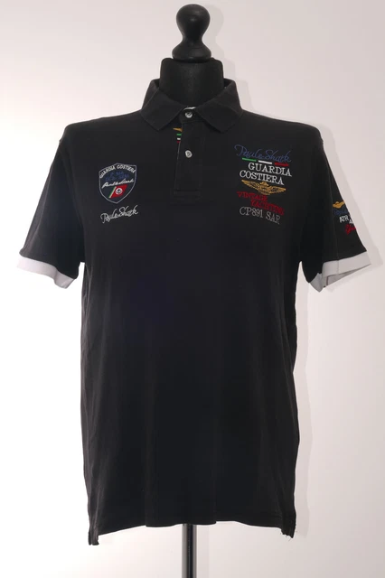 Paul & Shark Mens Polo Shirt L Black Uni Button Polo Neck Fabric Cotton