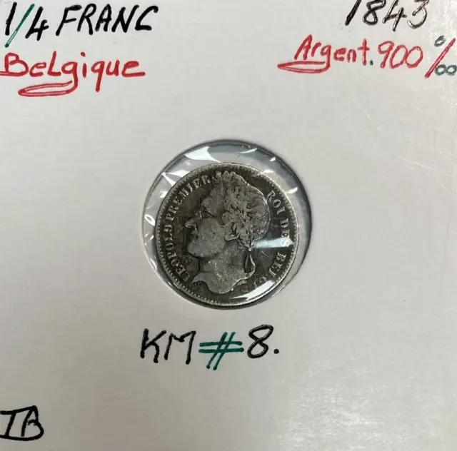 BELGIQUE - 1/4 FRANC 1843 - Pièce de Monnaie en Argent // Qualité : TB