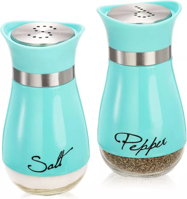 2 Pieces Set Teal Stainless Steel Salt and Pepper Shakers with Glass Bottom