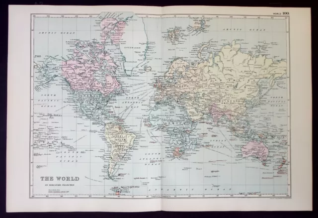 WORLD ON MERCATOR'S PROJECTION, original antique atlas map, Bacon 1890