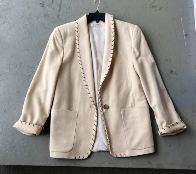 Vintage Bergdorf Goodman Tan Wool Suede Detail Trim Western Cream Blazer Jacket