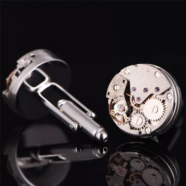 1Pair Vintage Mens Cufflinks Watch Movement Cuff Links Wedding Silver Steampu AP