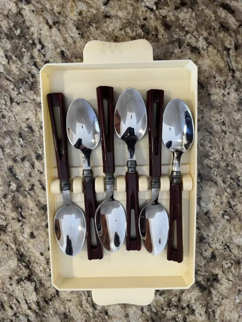 Lot of 6 Vintage MCM Stanhome Stainless  Bakelite Handles Spoons with Tray
