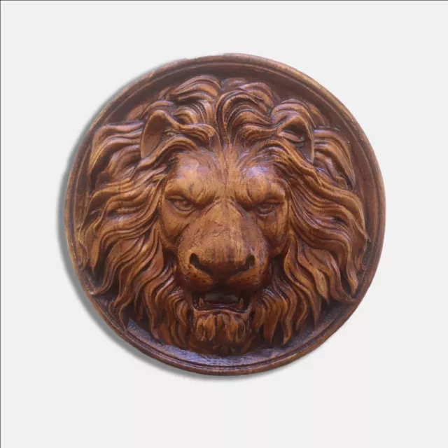 Lion Head wood Carved sculpture wooden Wall hanging decor art Plaque 100%Natural