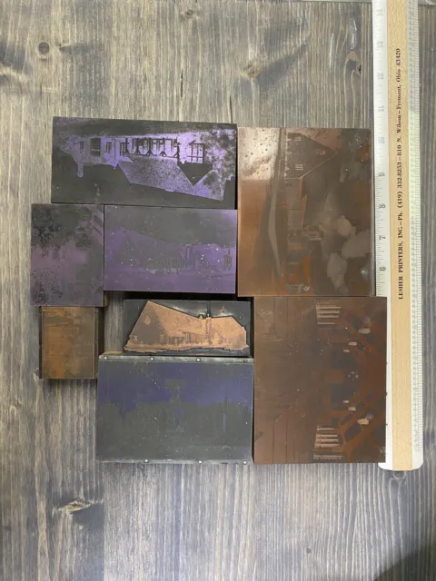 Lot of 8 vintage letterpress print blocks - Copper Architecture Scene