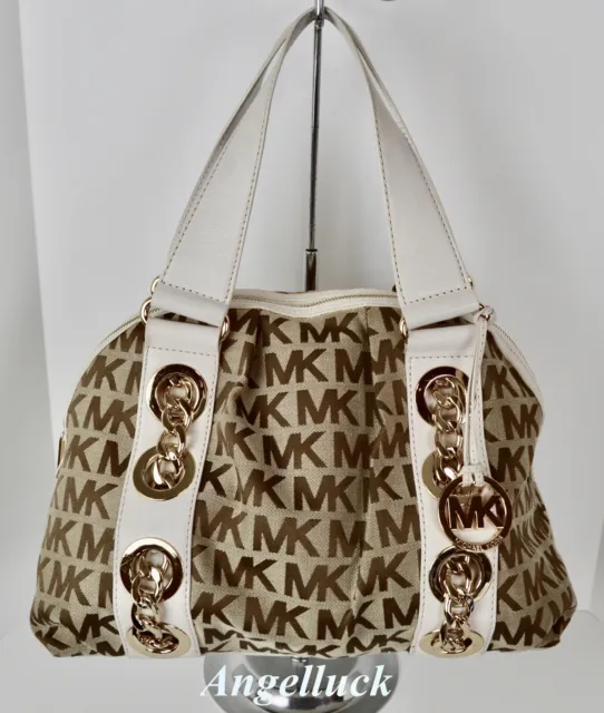 Michael Kors MK Signature Fabric / Leather Hand Bag / Satchel Brown/Vanilla