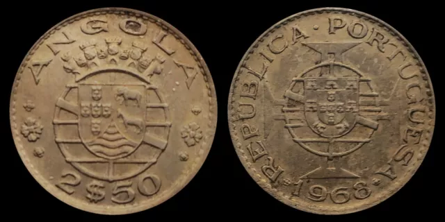 1968 Angola 2 1/2 Escudos Coin, Portugal and Portuguese Angola Coat of Arms
