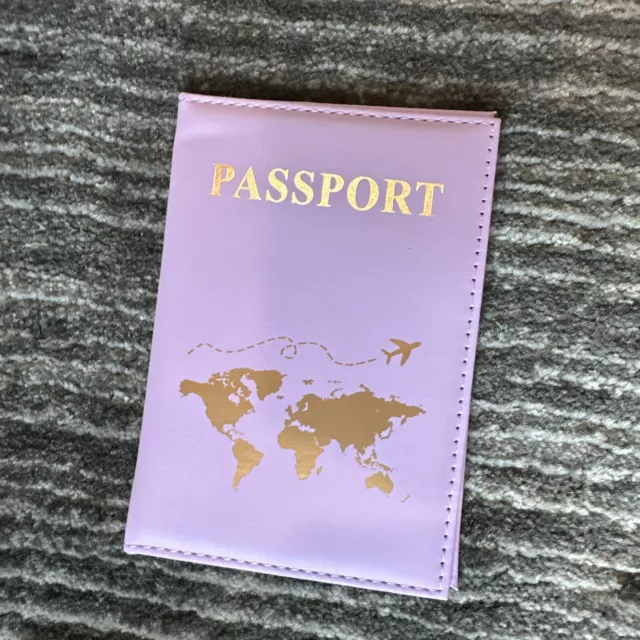 US Passport Cover ID Holder Wallet Travel Lavender USA Gold Tone World Map New