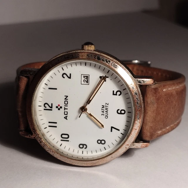 Montre Vintage Charles Leman à Quartz - Boîtier Doré 23mm, Bracelet Cuir Marron 13mm - Fonctionne, Pile Incluse