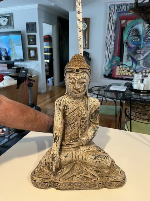 Meditating Buddha Statue Teak Wood Whitewashed Hand Carved Thailand 14.25”tall