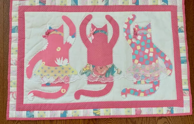 Handmade Quilted Baby Nursery Wall Hanging Decor 3 Pink Cats - Dowel Holder Slot