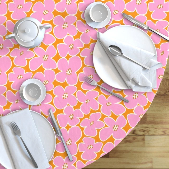 Round Tablecloth Bright Modern Floral Bold 70S Tropical Pink Retro Cotton Sateen