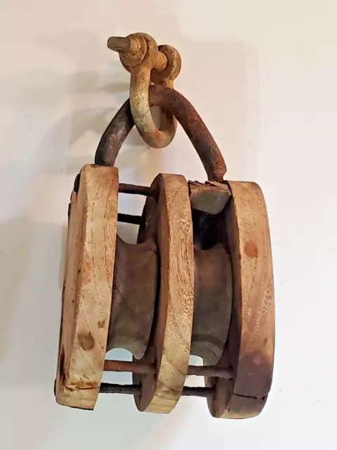 Decoration Only Weathered Distressed Vintage Wooden Double Pully Ship Block