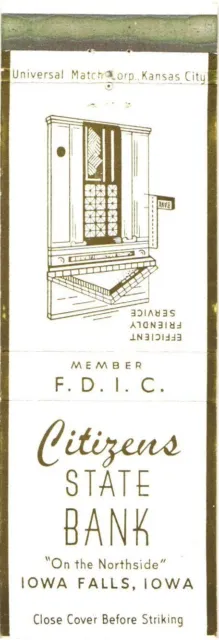 Citizens State Bank, On The Northside, Iowa Falls, Iowa, Vintage Matchbook Cover