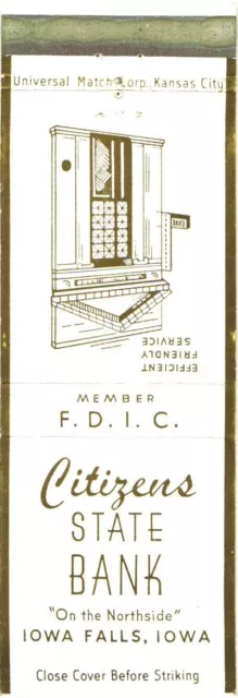 Citizens State Bank, On The Northside, Iowa Falls, Iowa, Vintage Matchbook Cover
