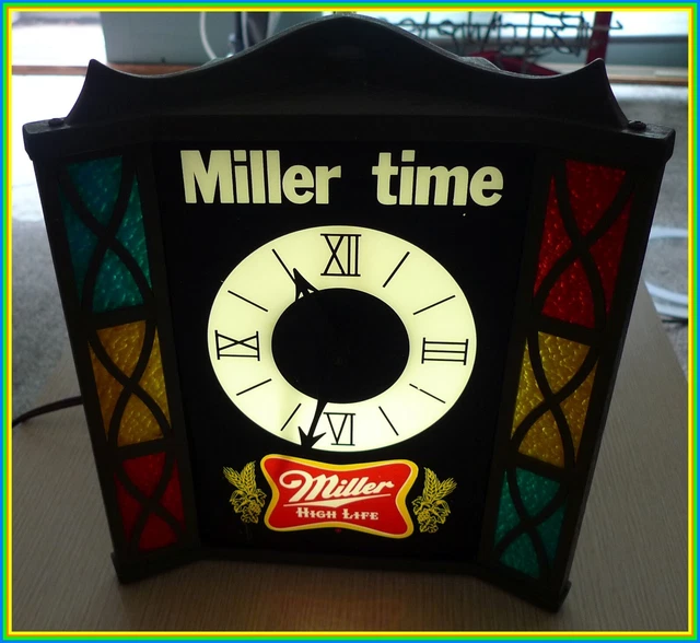 VINTAGE MILLER TIME Miller High Life Beer Light Clock Stained Glass