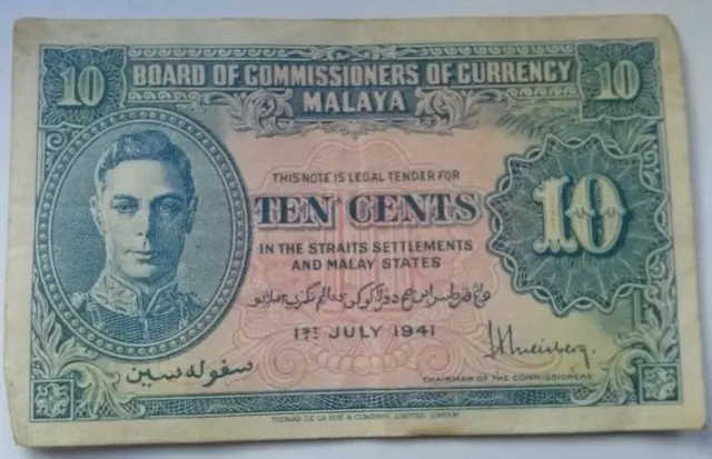 Malaya Straits Settlements Ten Cents Banknote 1941 10c King George VI P-8