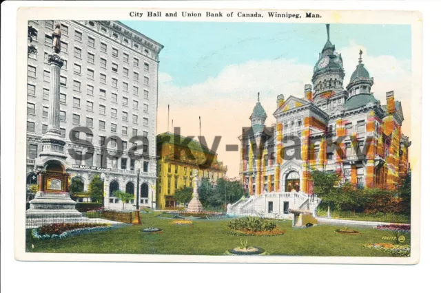 City Hall and Union Bank of Canada Winnipeg Manitoba Vintage Postcard A01