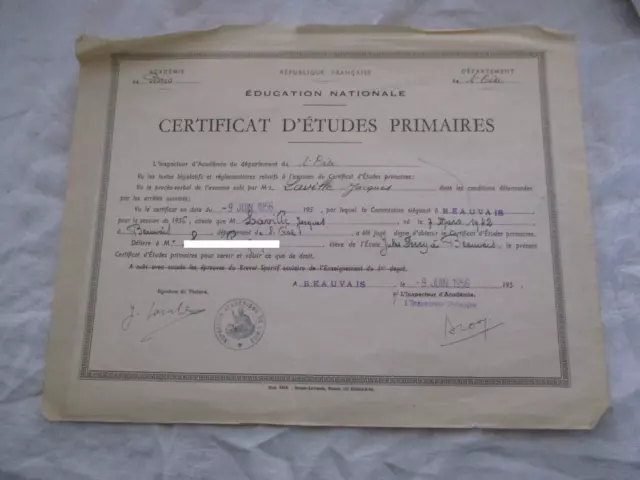 Ancien Diplome Certificat Etudes Primaires 1956 Academie Paris Departement Oise