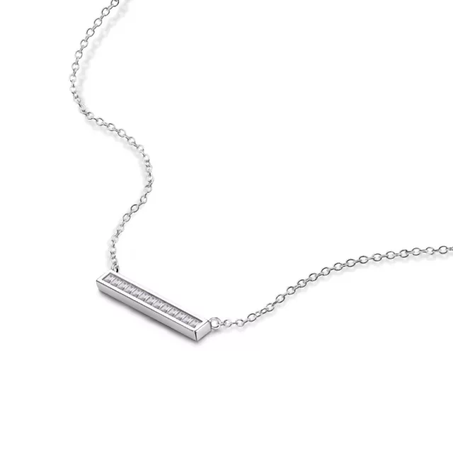 925 Sterling Silver Sideways Bar Pave CZ Pendant Rolo Chain Necklace 18" Women's